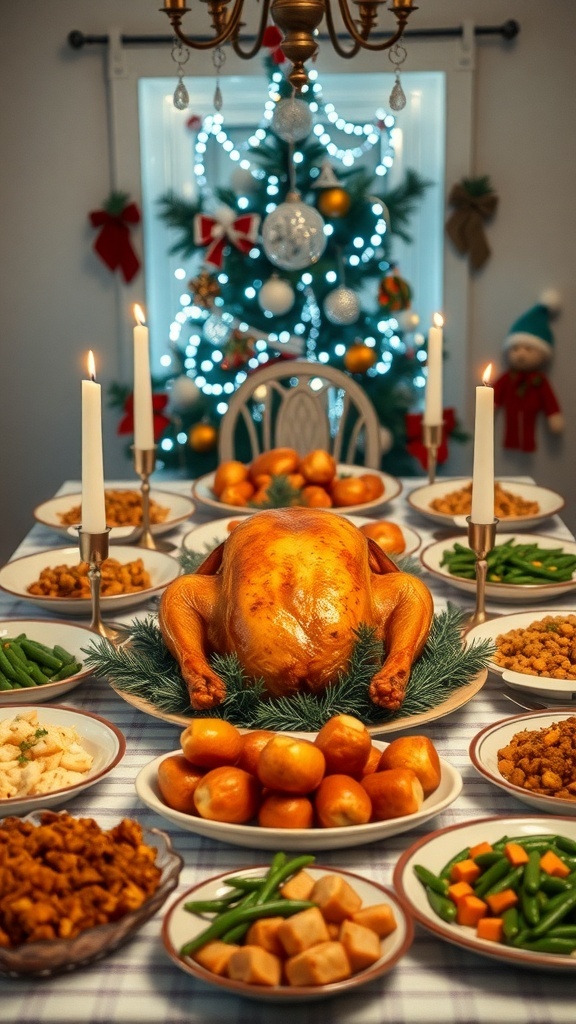 A festive Christmas dinner table with roast turkey, sides, and decorations.